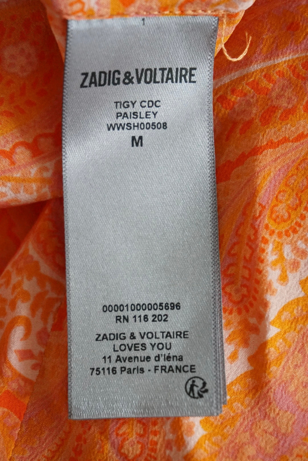 Zadig & Voltaire Orange Paisley Silk Button Up Blouse - Size Medium