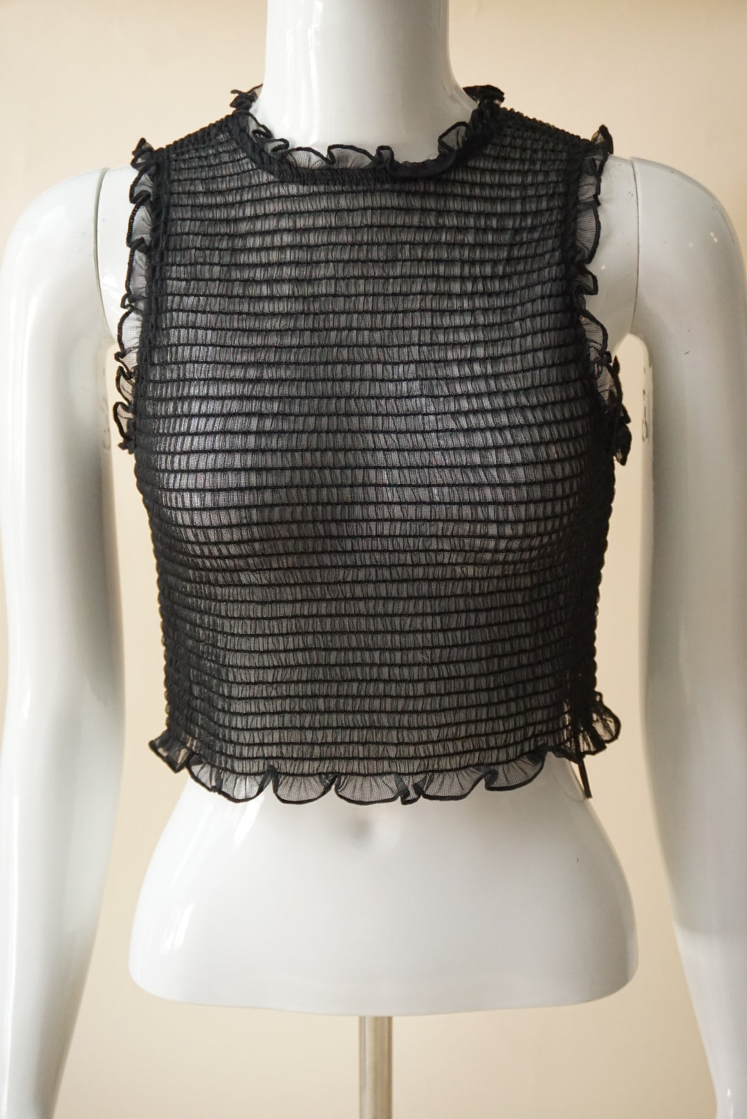 Zara Sheer Shirred Ruffle Trim Sleeveless Cropped Blouse - Size Small