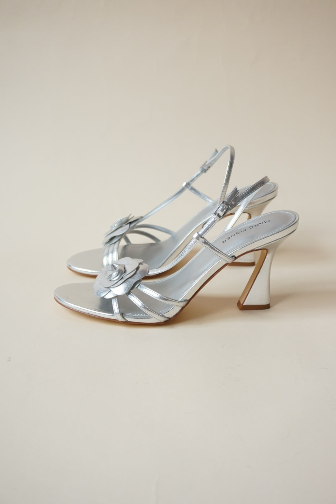 Marc Fisher Hallan Silver Rose Detail Sandal Heel - Size 9.5