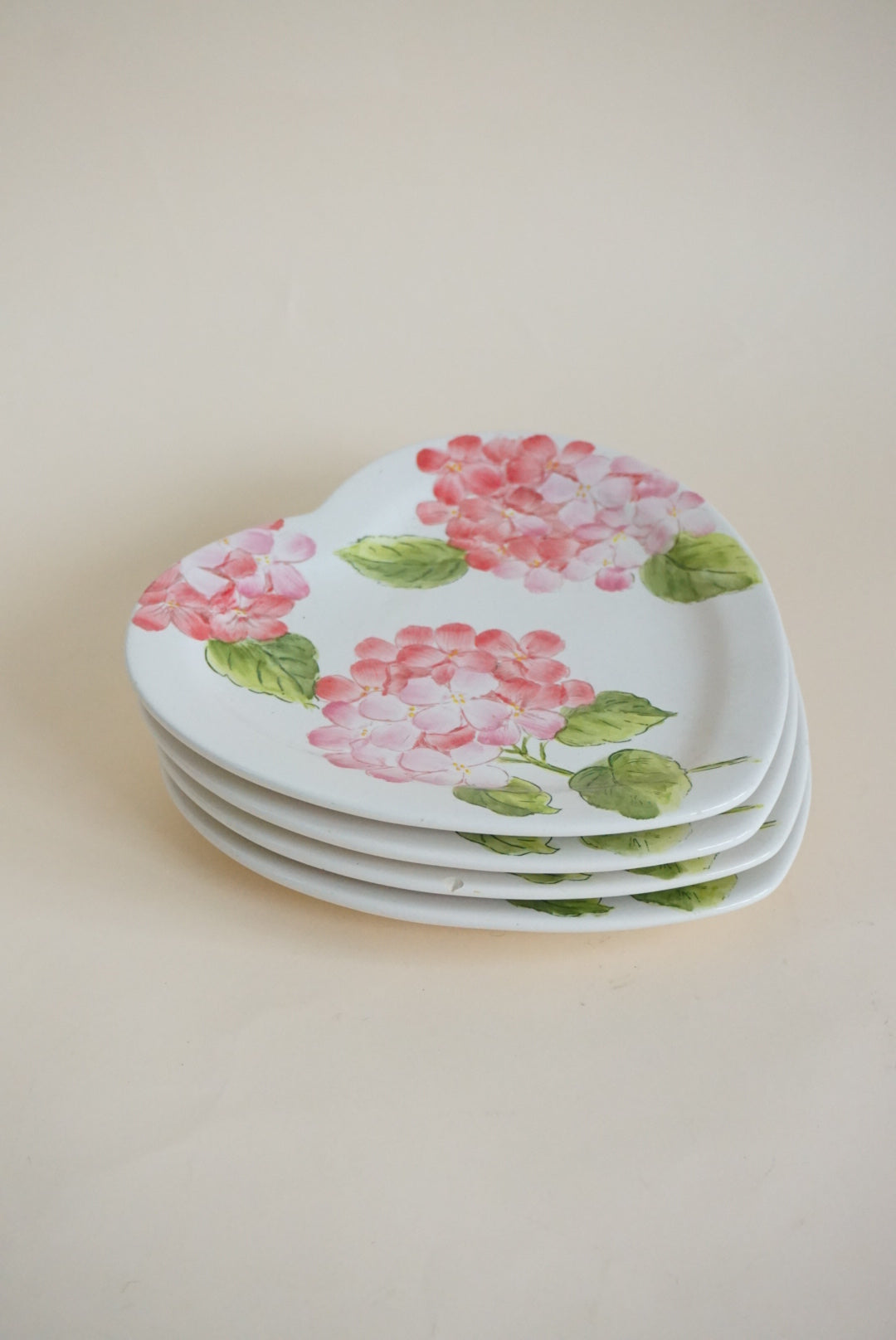Ceramic Pink Hydrangeas Heart Shape Plates - Set of 4