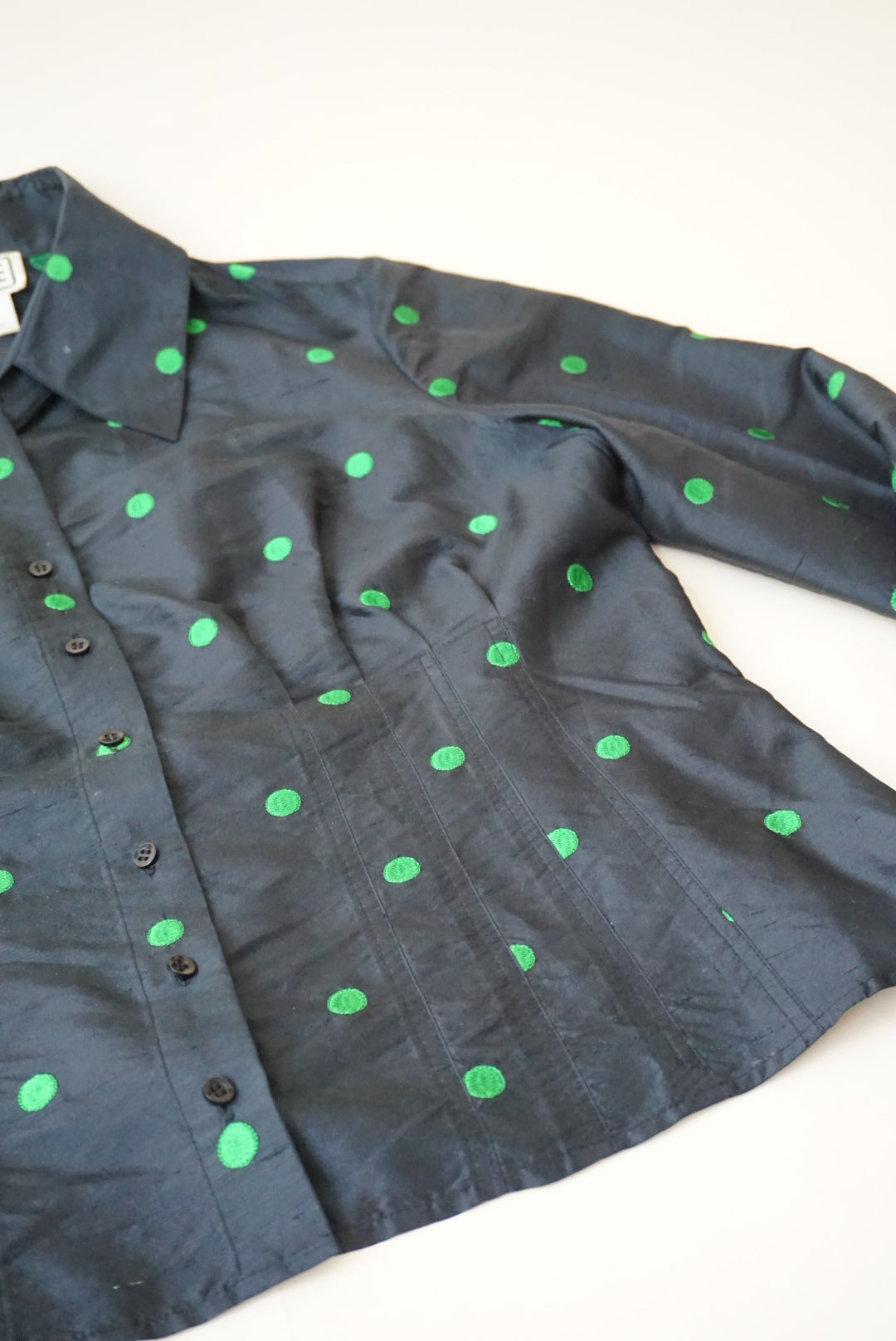 Carlisle Vintage Black Raw Silk Embroidered Green Polka Dot Blouse - Size 12