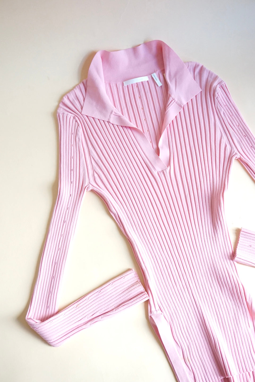 Helmut Lang Pink Ribbed Knit Slash Polo Top - Size Large