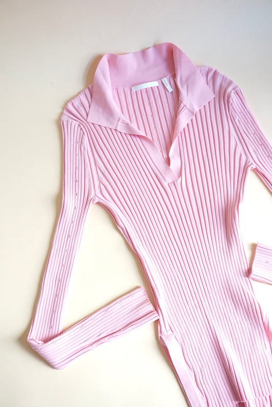 Helmut Lang Pink Ribbed Knit Slash Polo Top - Size Large