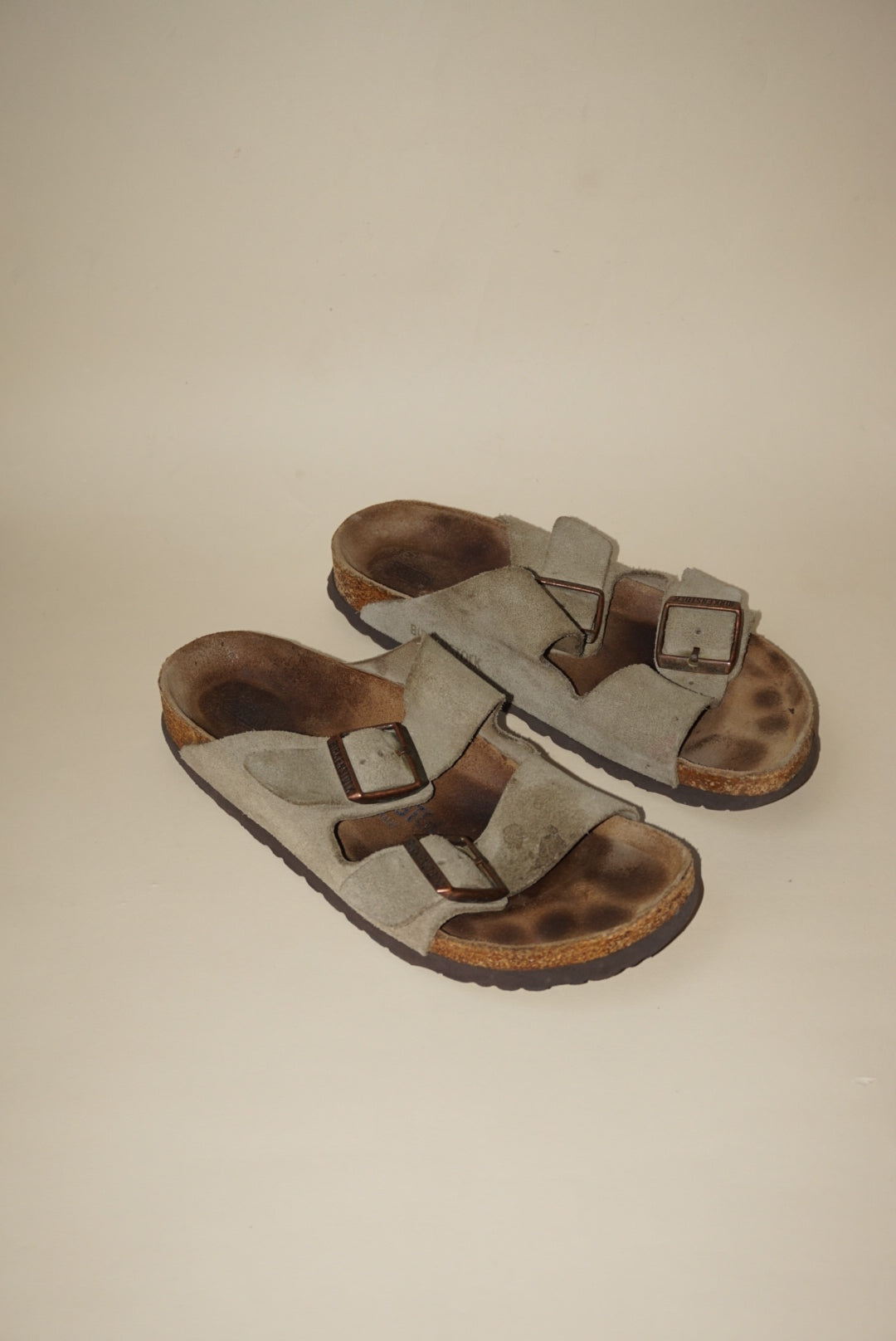 "Birkenstock" Arizona Suede Taupe "Betula" Leather Slide Sandals - Size 38