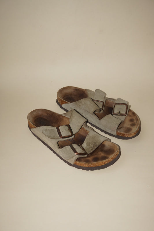 "Birkenstock" Arizona Suede Taupe "Betula" Leather Slide Sandals - Size 38