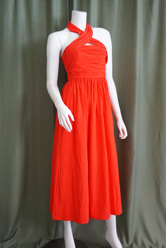 Cinq a Sept Halter Neck Poplin Gathered Midi Orange "Taylen" Dress - Size 6