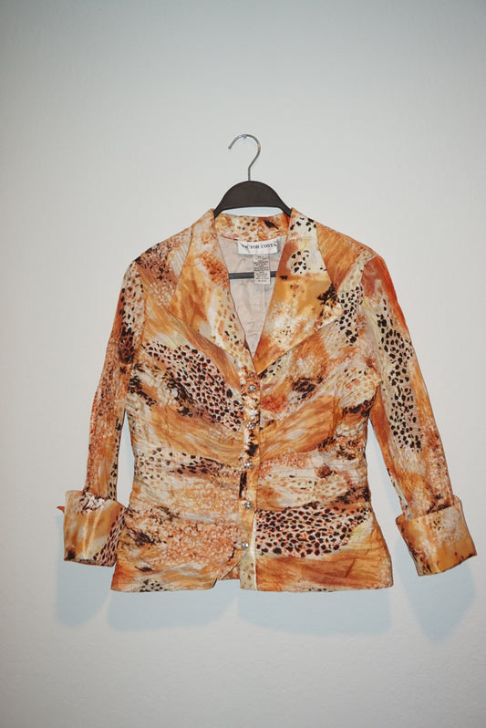 “Victor Costa” Vintage Crinkle Rhinestone Button Animal Print Blouse - Size 4