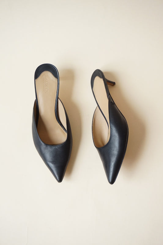 Lauren Ralph Lauren Black Adrienne Leather Mule Kitten Heel - Size 8