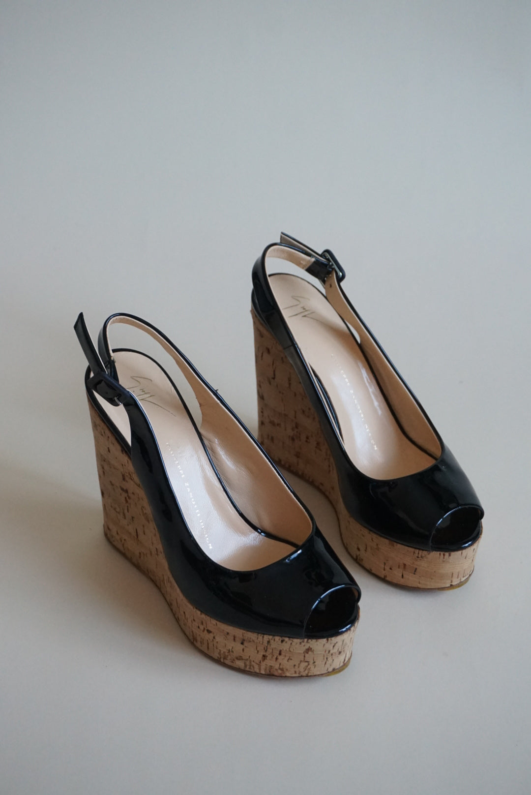 “Giuseppe Zanotti” Black Patent Leather Peep Toe Cork Wedges - Size 38