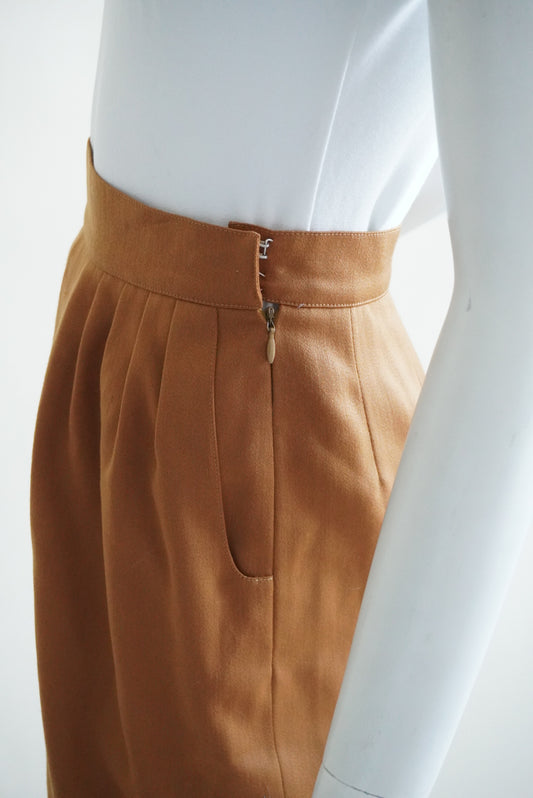 Hermes 70's VTG Camel Brown Wool Pleated Pencil Skirt - Size 38
