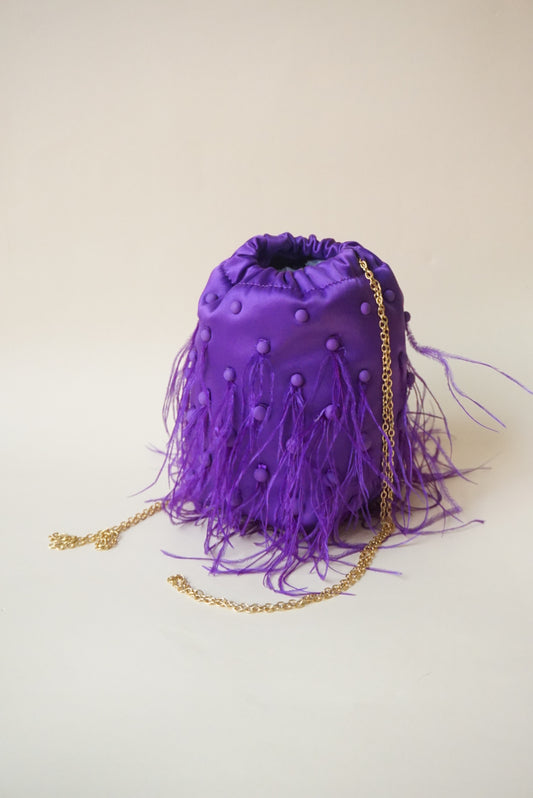 Zara Purple Feather Bucket Drawstring Mini Evening Bag - NWT