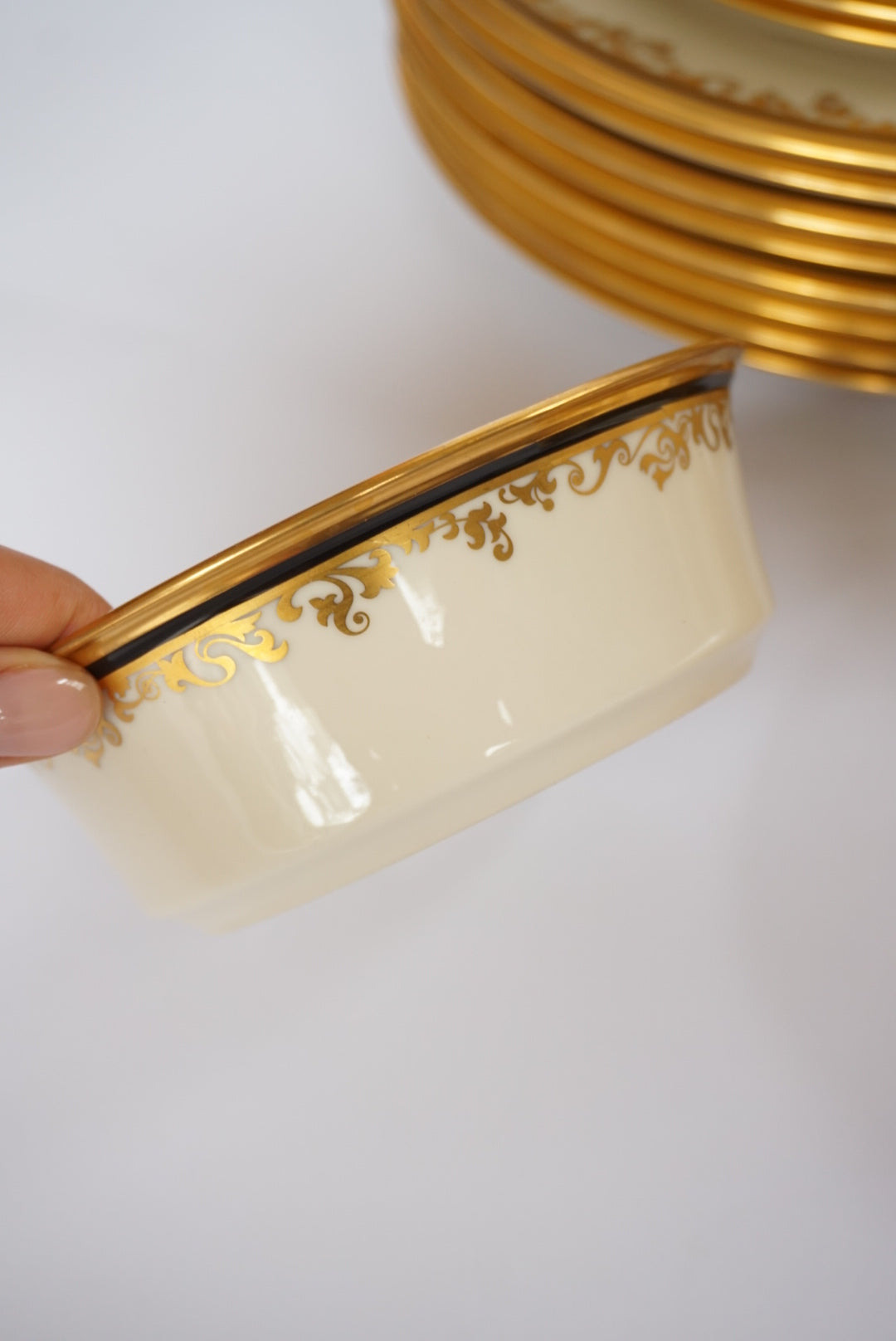 LENOX VTG RARE Discontinued ECLIPSE Gold / Black Trim Creme China Set - 45pcs