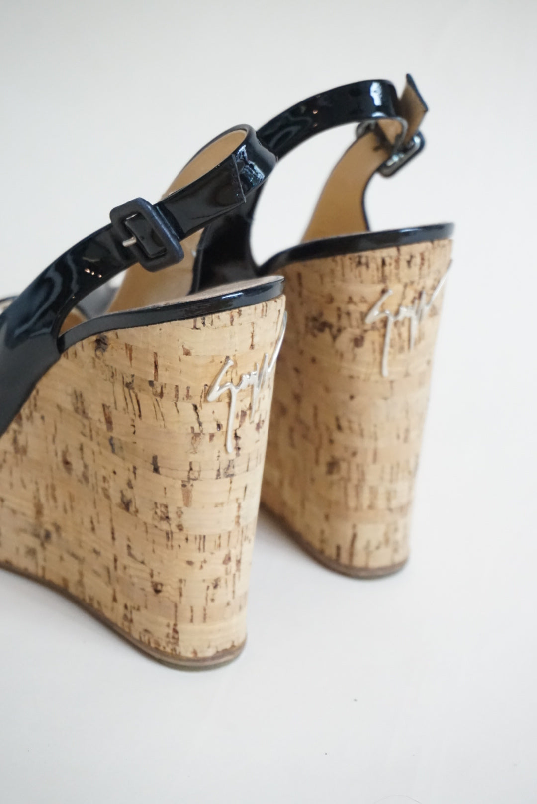 Giuseppe Zanotti Black Patent Leather Peep Toe Cork Wedges - Size 38