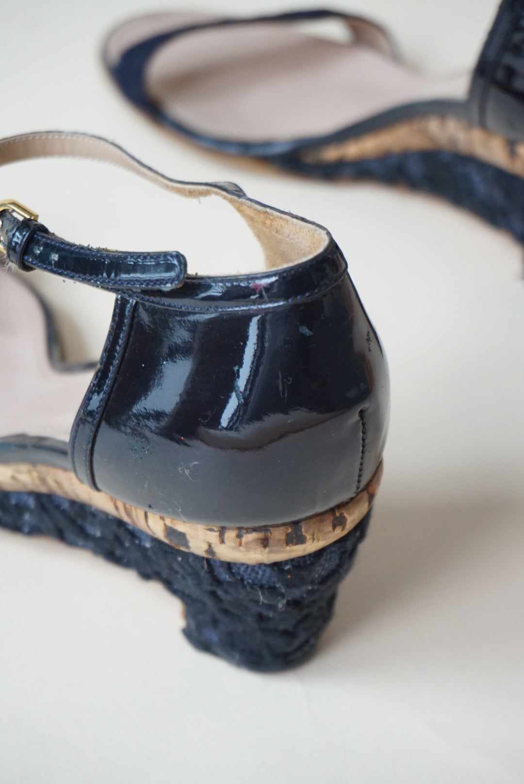 Nina Ricci Cork Navy Patent Leather Embroidered Sandal Wedge - Size 40