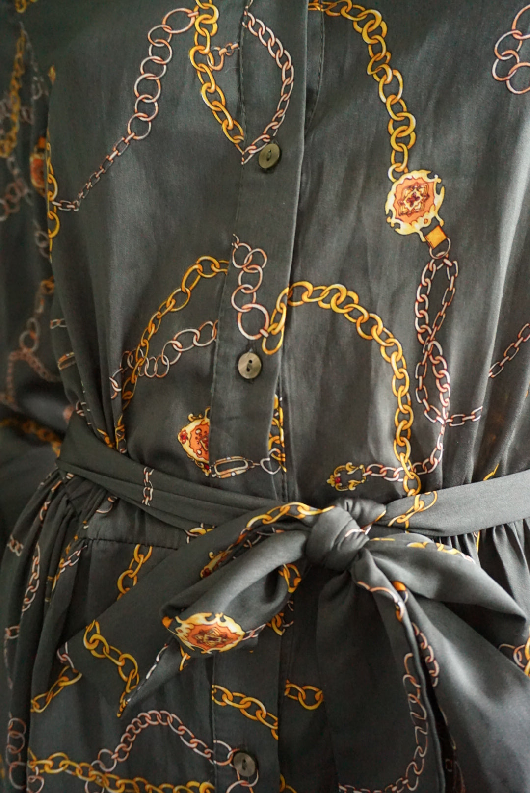 Mango Olive Chain Print Button Down Shirt Belted Dress - Size 6
