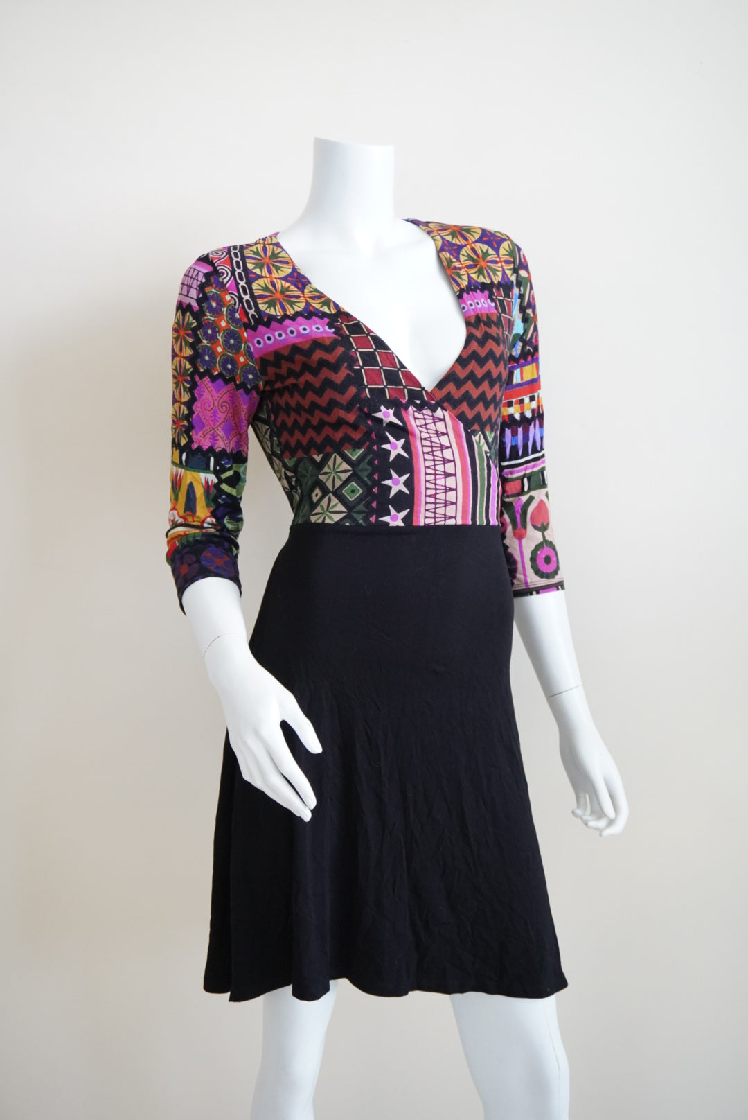 Desigual Color Me Jill Faux Wrap Printed Patchwork Knit Belted Dress - Size Medium