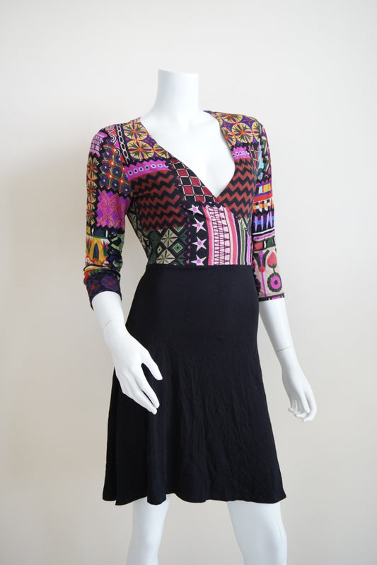 Desigual Color Me Jill Faux Wrap Printed Patchwork Knit Belted Dress - Size Medium