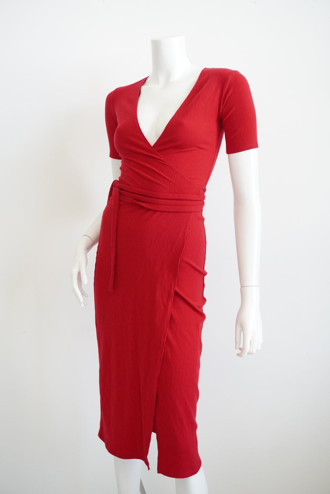 Reformation Red Ribbed Knit Wrap Midi Dress - Size XS