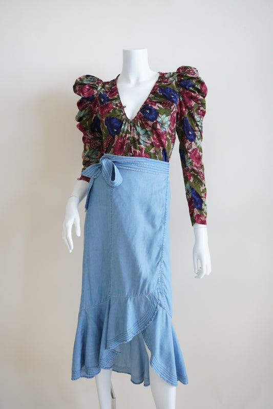 Intermix Denim Blue Chambray Ruffle Asymmetrical Wrap Skirt - Size Small
