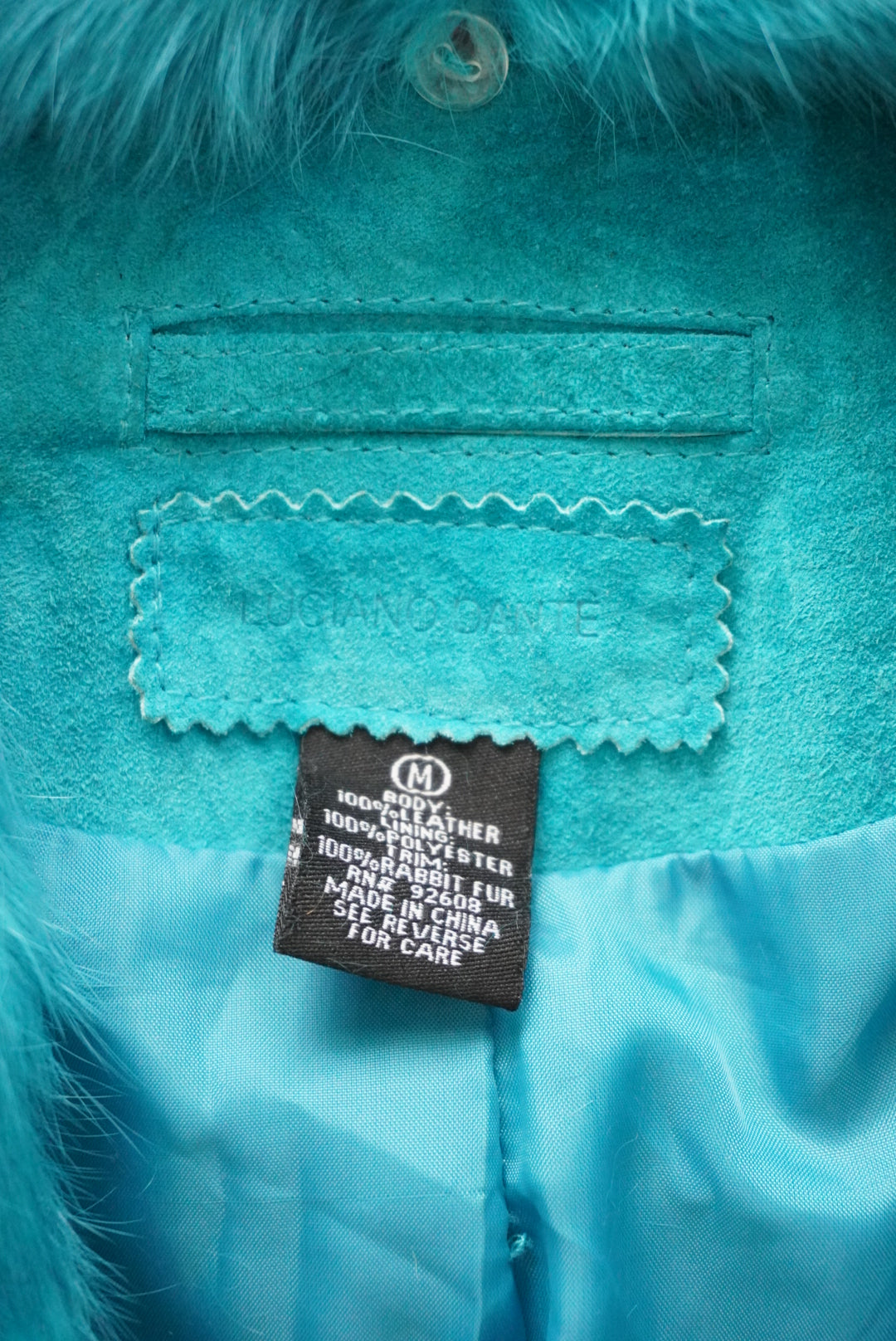 Luciano Dante Y2K Turquoise Vintage Leather Rabbit Fur Collar Bolero Jacket - Size Medium