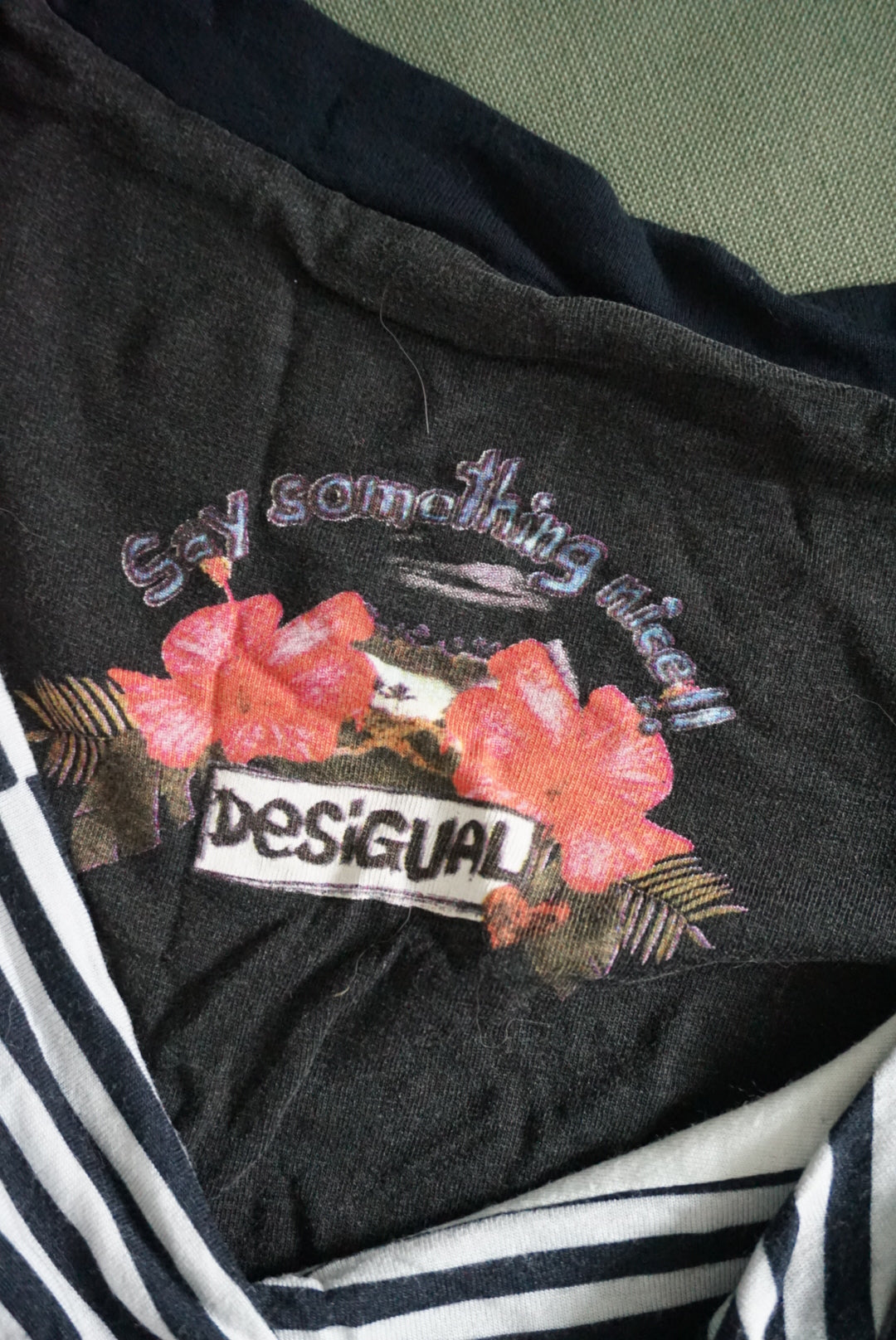 Desigual Black Sleeveless Floral Striped Cowl Neck Knit Mini Dress - Size Medium