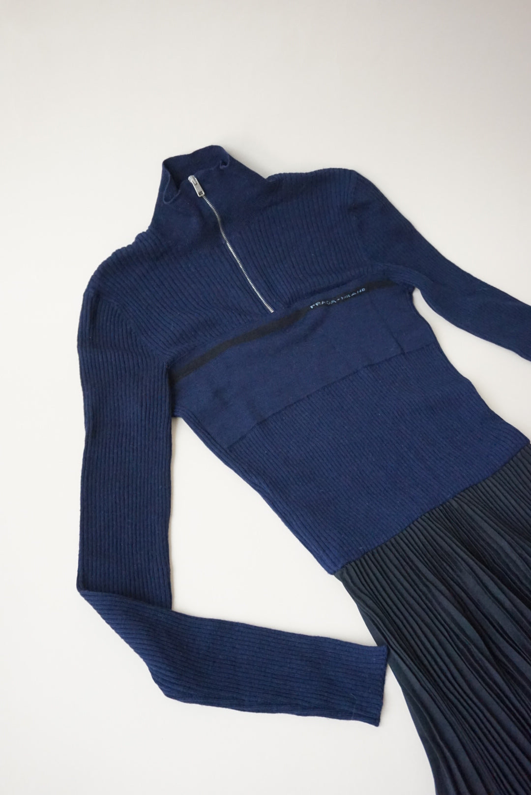 Prada 2018 Navy Blue Wool Quarter Zip Pleated L/S Maxi Dress - Size 40