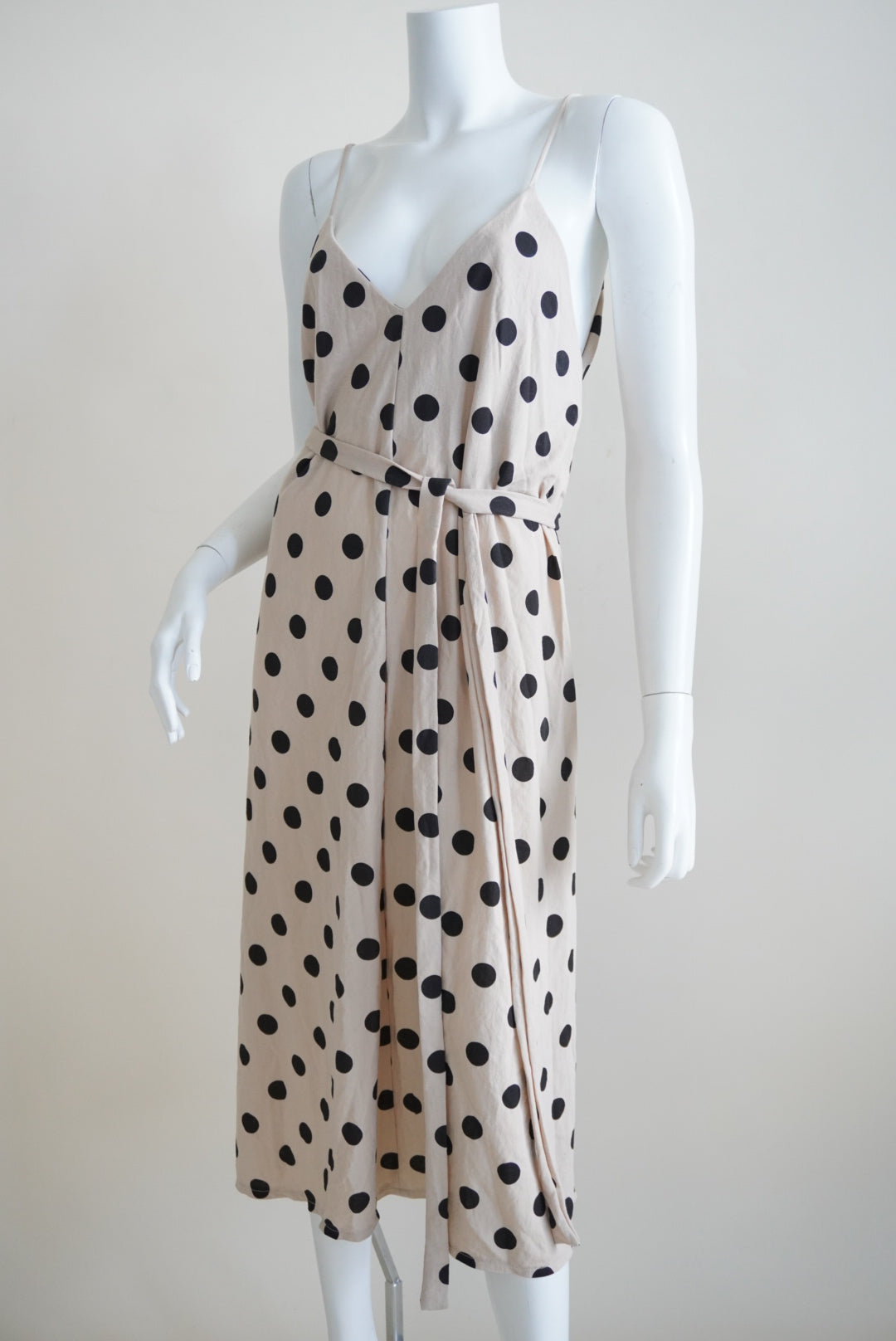 Zara Beige Polka Dot Front Knot Faux Wrap Dress - Size Medium