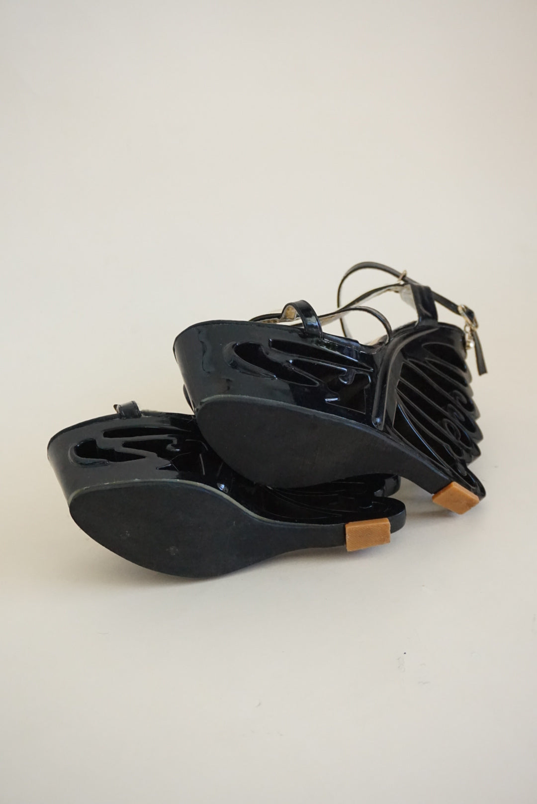 Butterfly Patent Leather Cut Out Wedge Acrylic Y2K Heel - Size 39