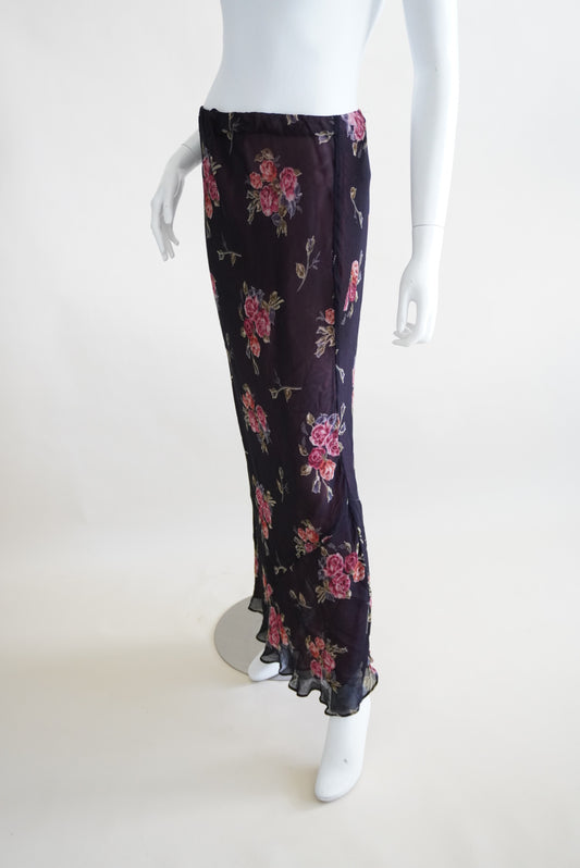 Neo Nostalgia Vtg 90s Black Floral Maxi Skirt Whimsigoth - Size Small