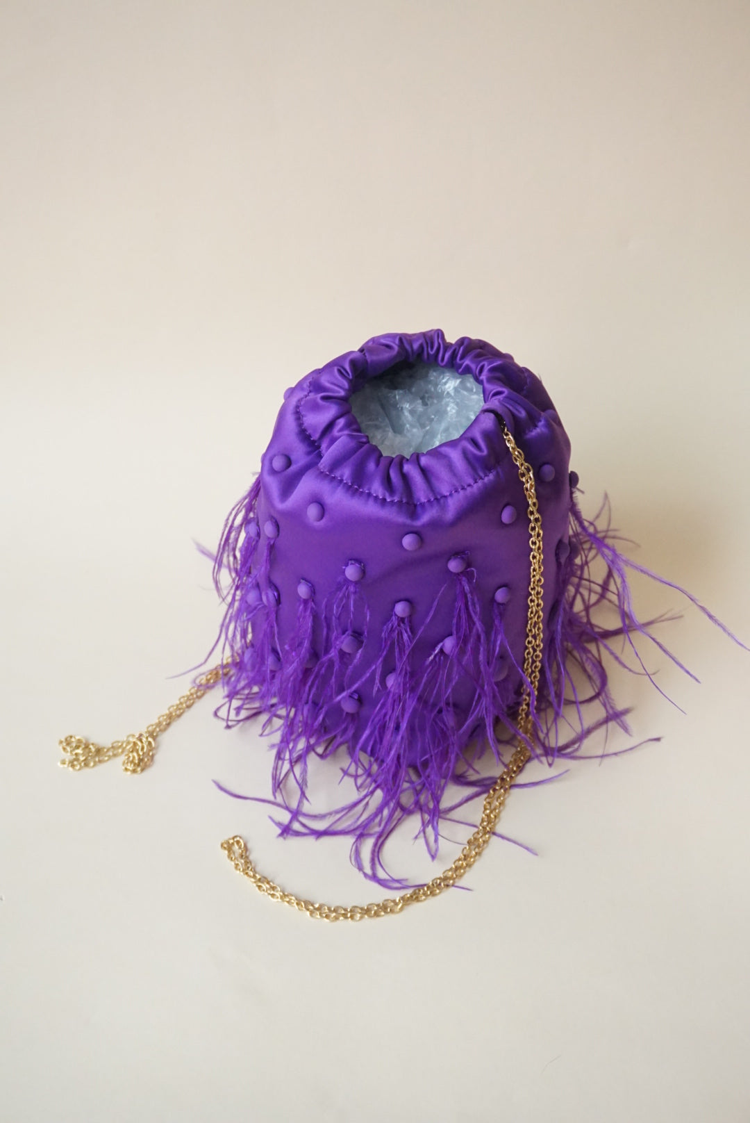 Zara Purple Feather Bucket Drawstring Mini Evening Bag - NWT
