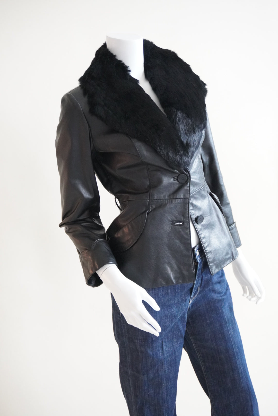 Vintage Belted Blazer Leather Rabbit Fur Collar Black Jacket Made in Korea