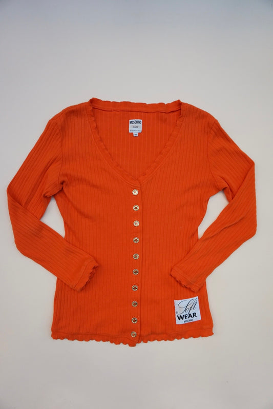 “Moschino” Soft Wear Orange Ribbed Knit Pleated Neckline Top - Size 44