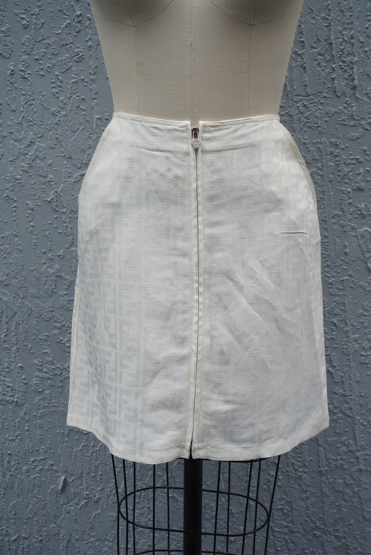 “Fendi” Vintage Zucca White Monogram Front Zip Skirt - 12
