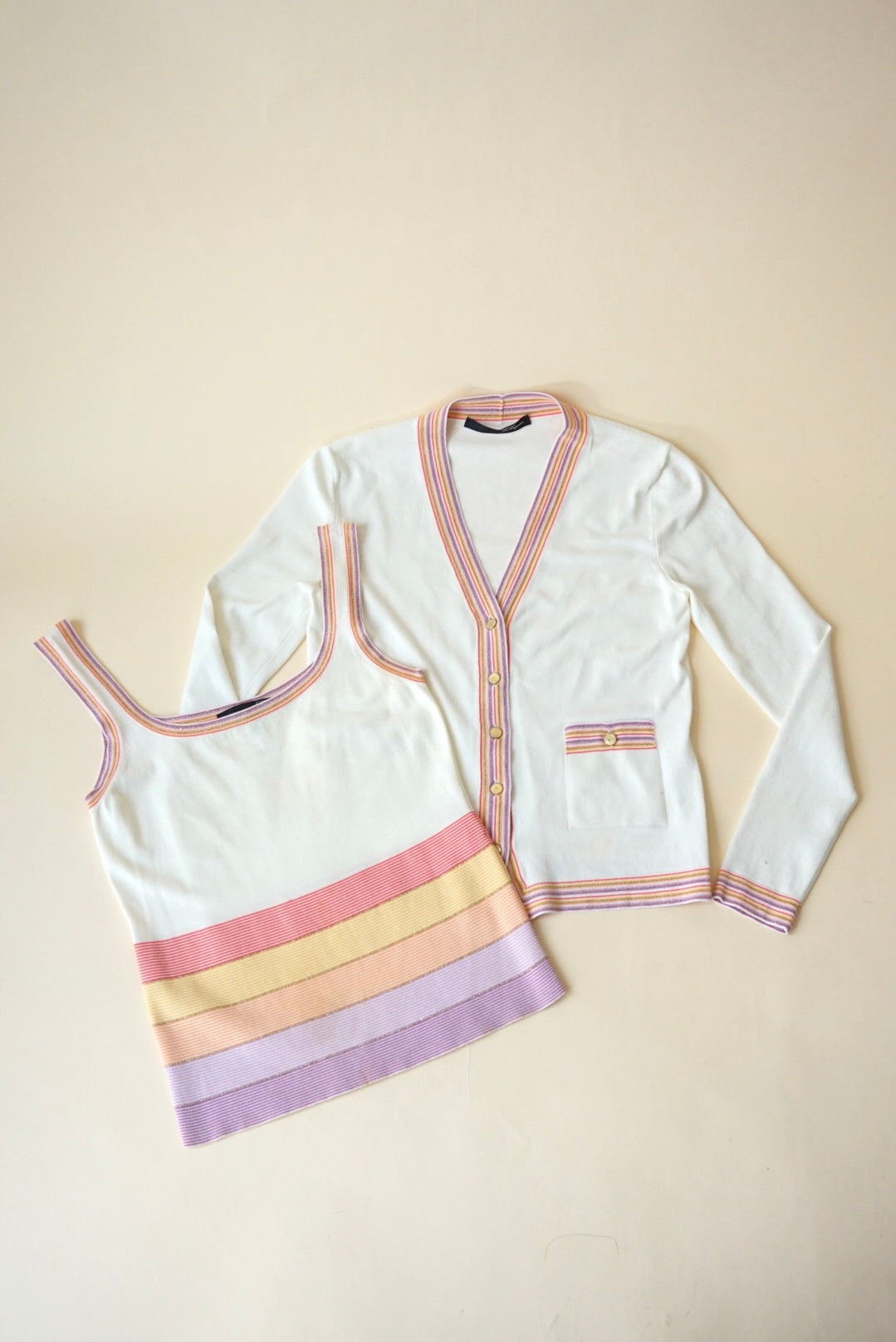Les Copains Striped Ivory Vintage Pastel Cardigan Set - Size 40 IT