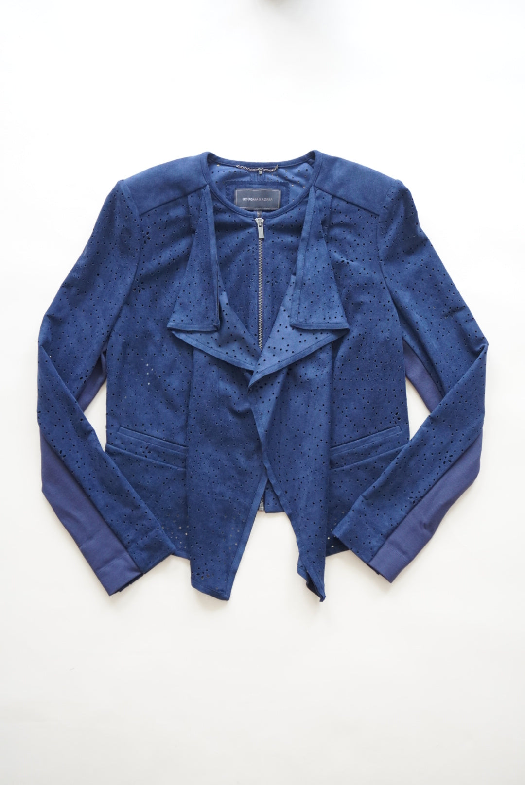 BCBGMAXAZRIA Eliot Navy Suede Perforated Ruffle Lapel - Size Large