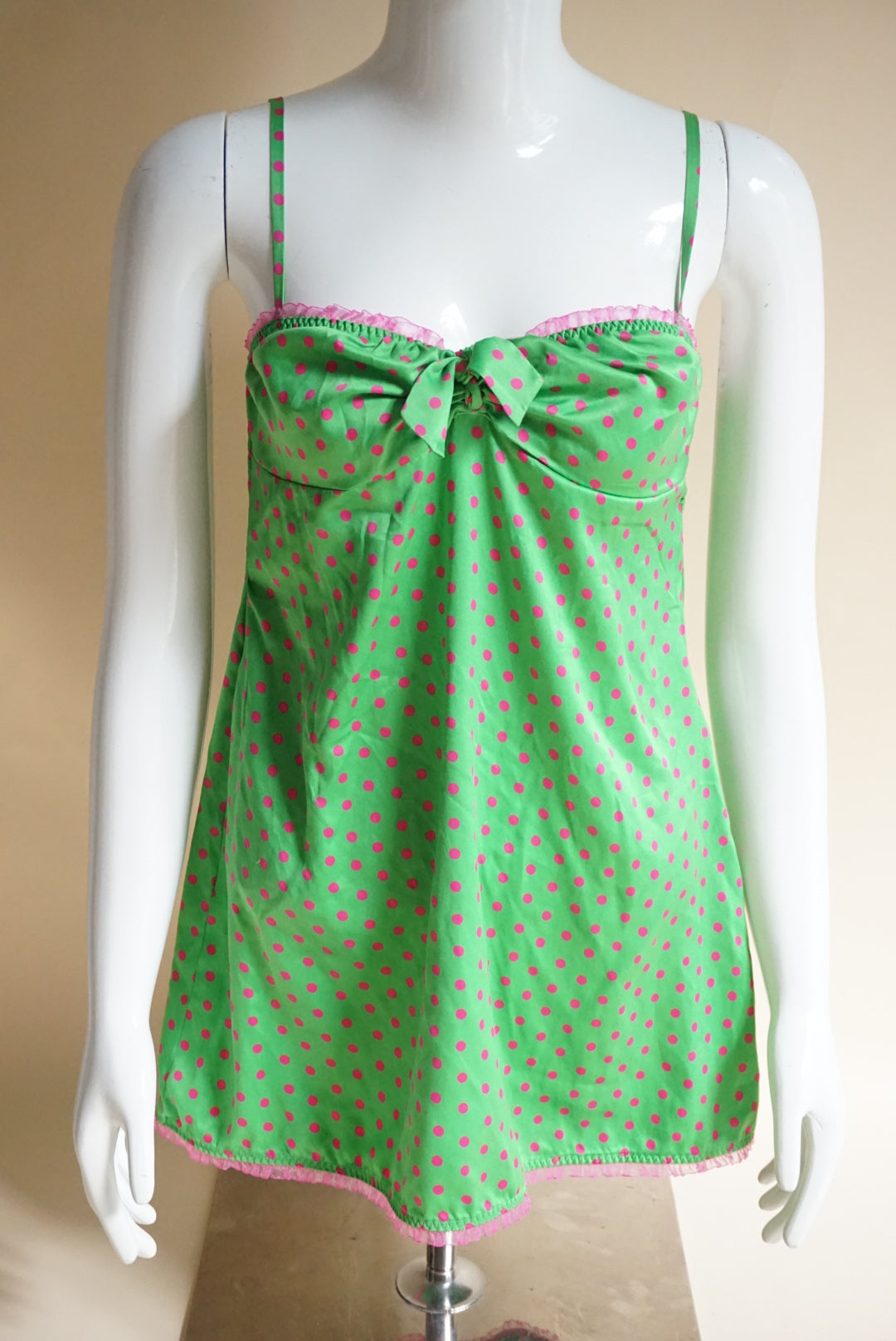 Pout Victoria's Secret Y2K Pink & Green Lace Trim Polka Dot Blouse - Size Medium