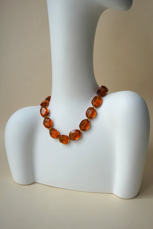 “Kenneth Lane” Vintage Faux Amber Lucite Faceted Stone Statement Necklace
