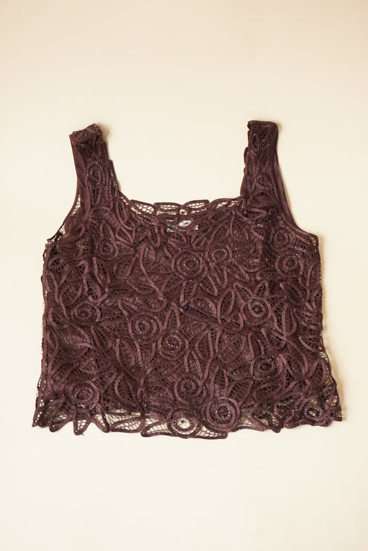 Vintage Soulmates Silk Crochet Beaded Brown Y2K Scoop Neck Tank - Size Small