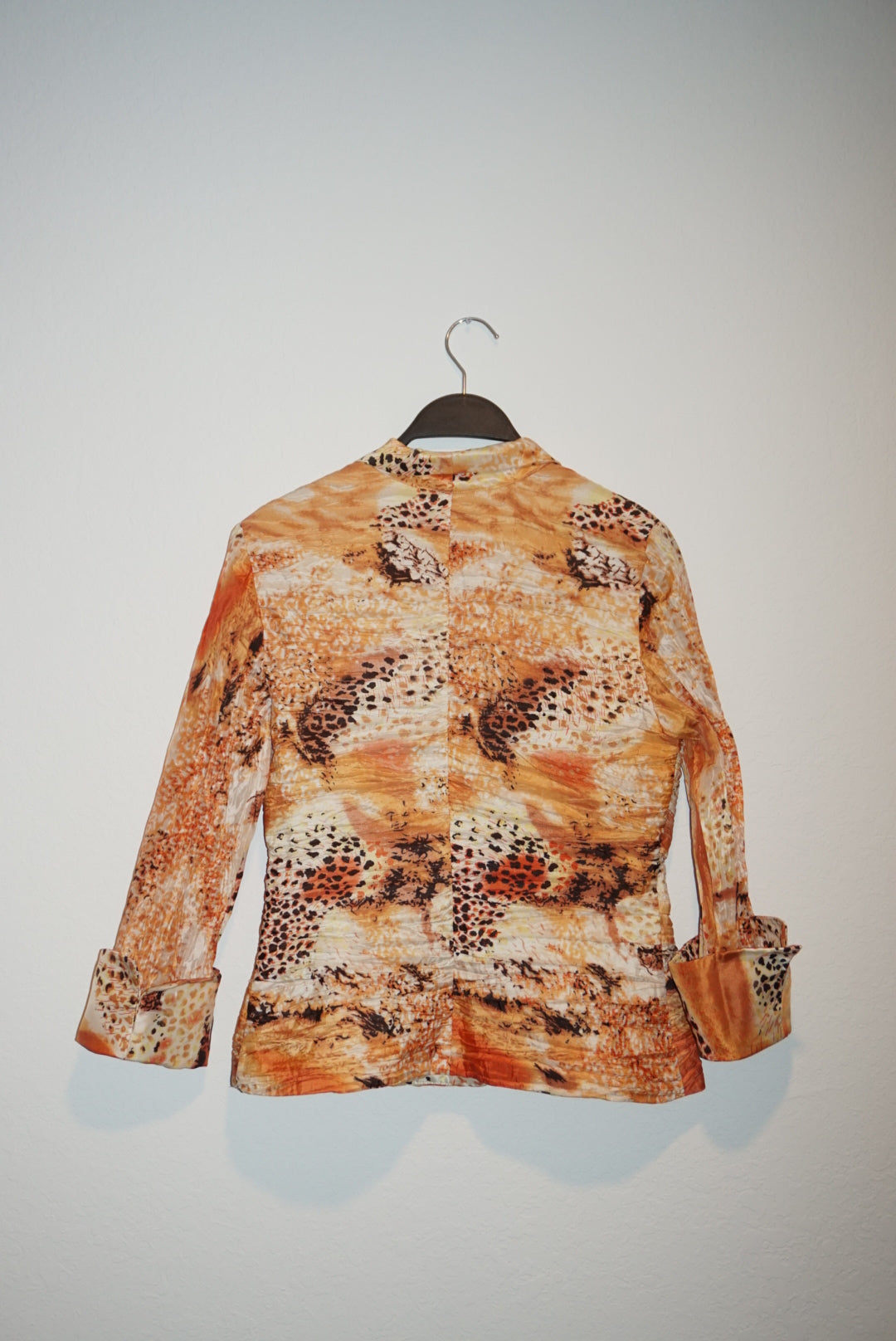 Victor Costa Vintage Crinkle Rhinestone Button Animal Print Blouse - Size 4