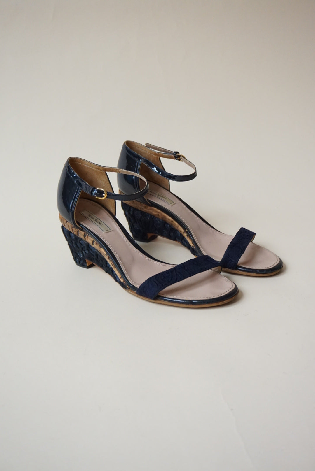 Nina Ricci Cork Navy Patent Leather Embroidered Sandal Wedge - Size 40