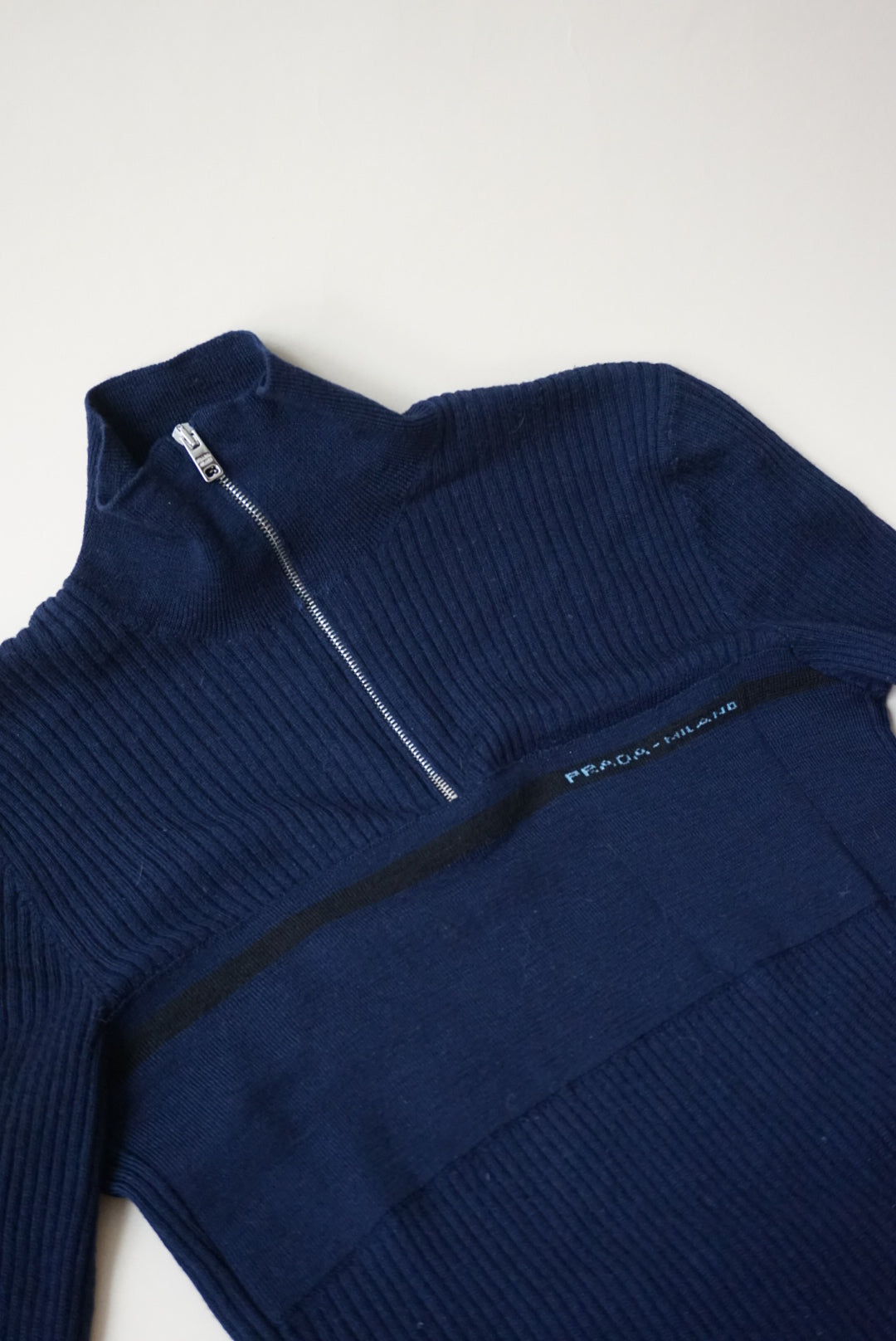 Prada 2018 Navy Blue Wool Quarter Zip Pleated L/S Maxi Dress - Size 40