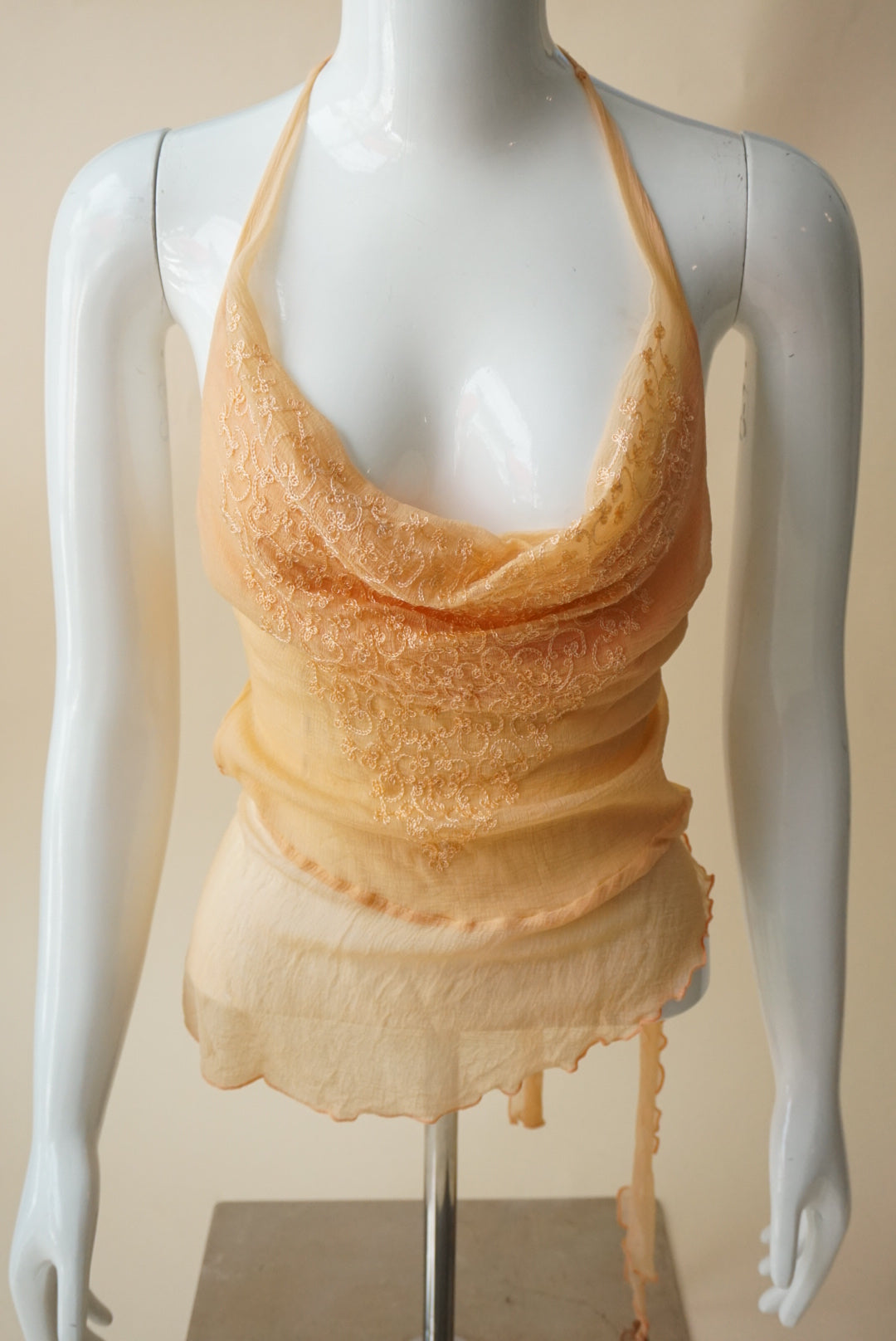 XOXO Y2K Embroidered Orange Halter Open Back Sheer Blouse - Size Medium