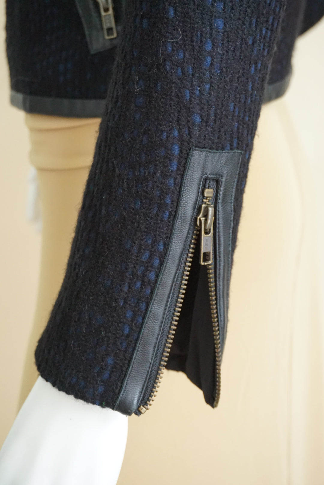 10 Crosby Derek Lam Navy/Black Wool Tweed Lambskin Leather Trim Moto Jacket - Size 2