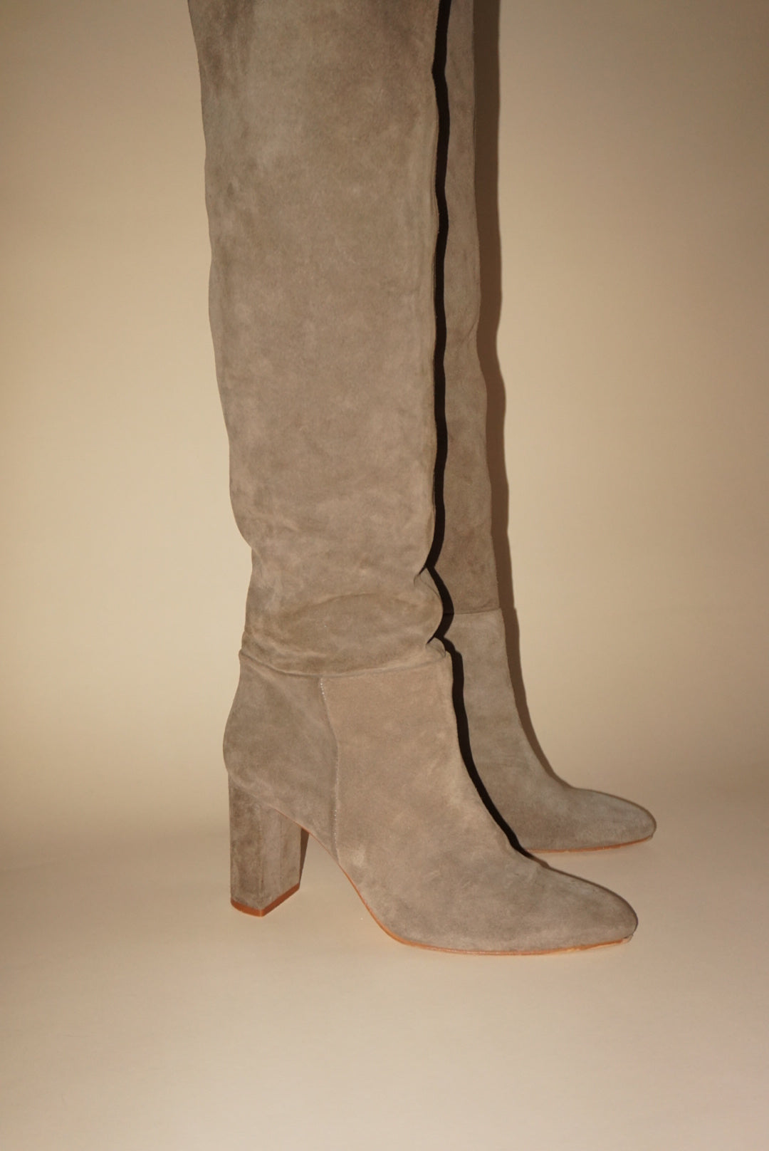 Zara Suede Leather Beige Knee High Boots - Size 39