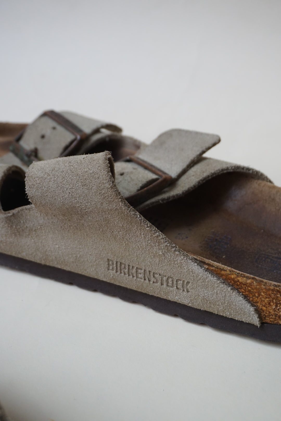 "Birkenstock" Arizona Suede Taupe "Betula" Leather Slide Sandals - Size 38