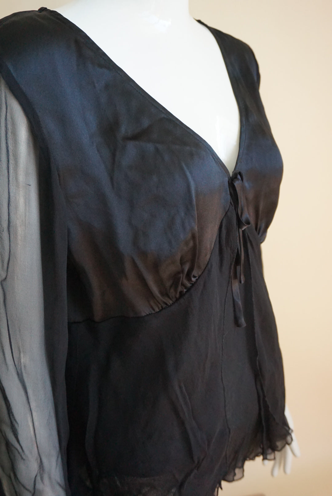 Allison Taylor Black Silk Sheer Bow Front Y2K Blouse - Size Large