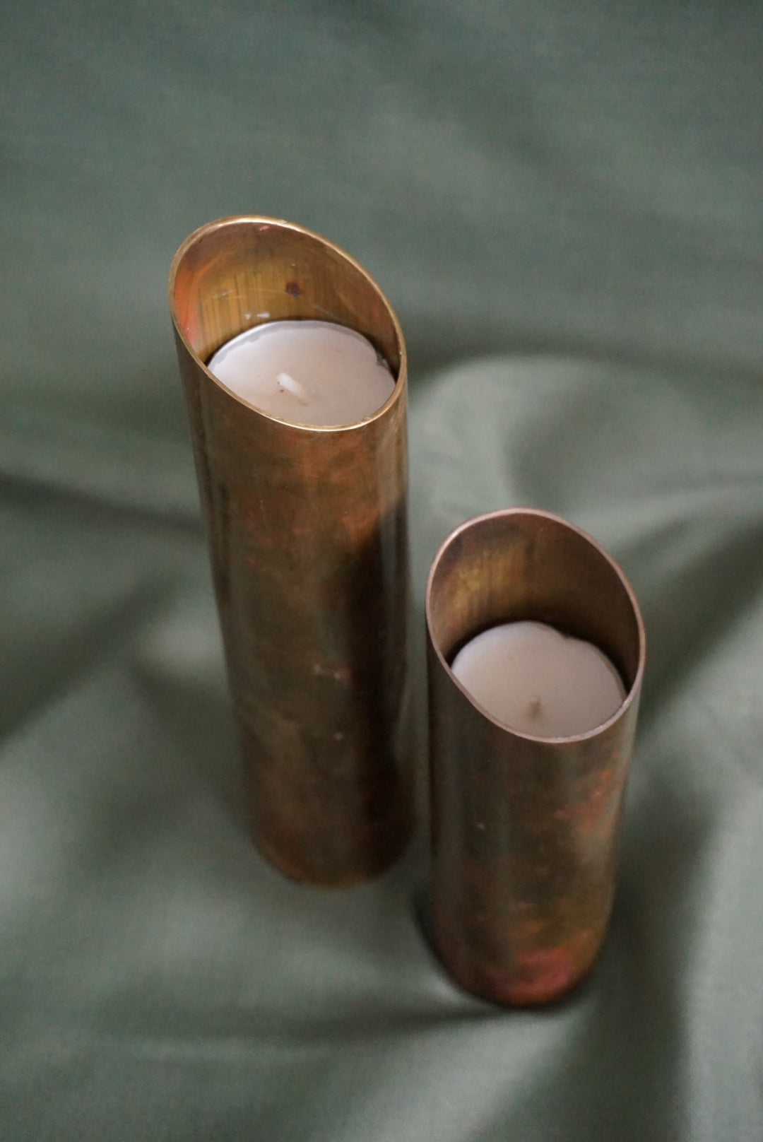 Mid Century Modern Danish Brass Cylinder Angled Top Candle Holders - Set of 2