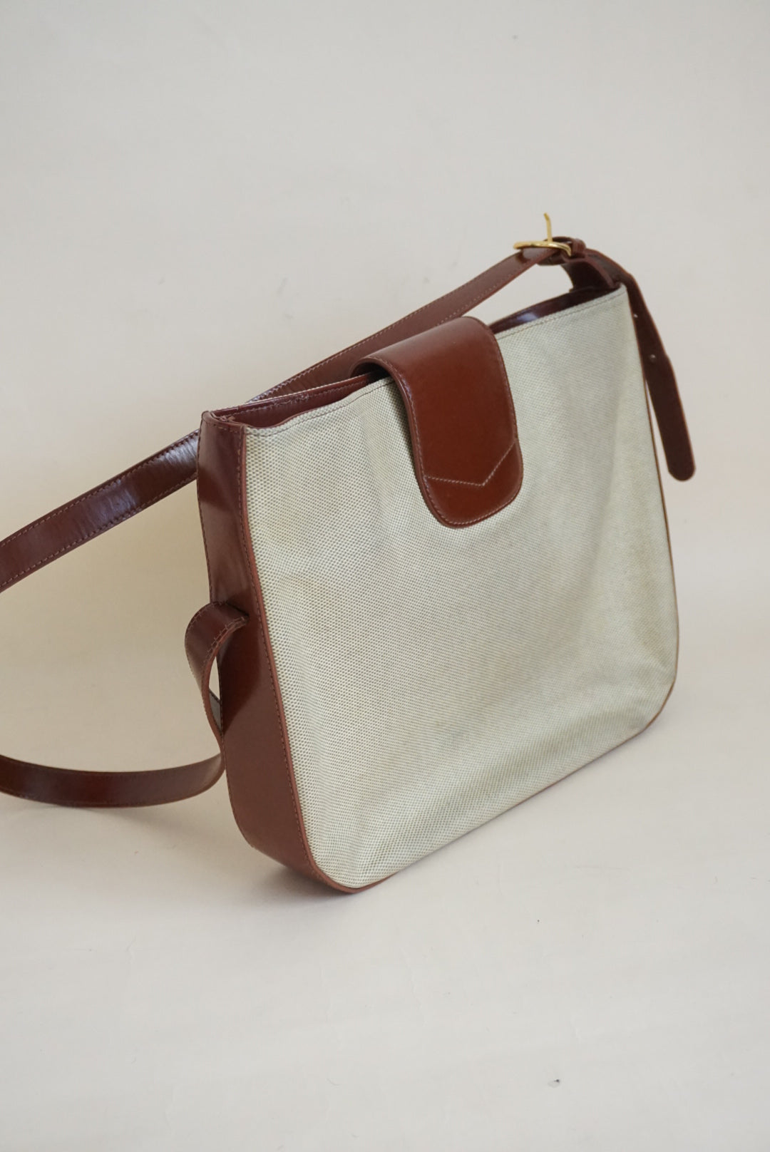 Bally Canvas Woven Brown Patent Leather Cross Body Messenger Bag