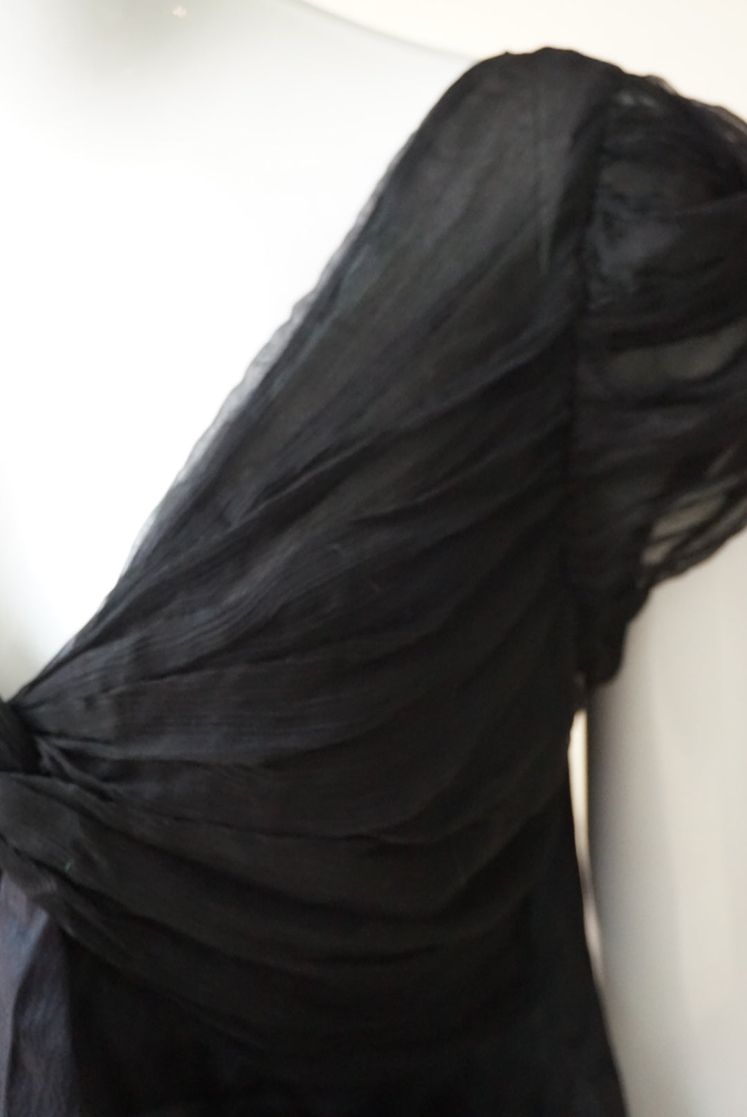 Bebe Y2K Black Silk Chiffon Shirred Hem Plunge Neck Blouse - Size Medium