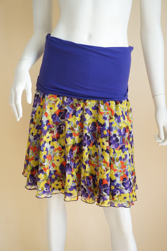 Alice + Olivia Purple Silk Floral Skater Large Waistband Skirt - Size Petite
